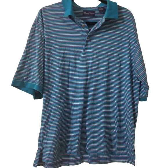 Alan Flusser Striped Polo Shirt M Multicolor 100% Cotton Short Sleeve Button Col - Picture 1 of 3